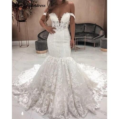 Sexy Lace Mermaid Wedding Dress Off Shoulder Lace Up Back Long Train Wedding Gowns Bridal Dresses vestido de noiva 2020 Custom