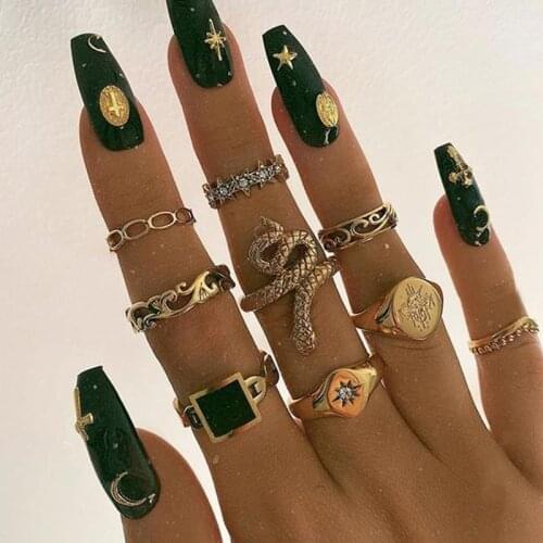 9 Pcs/Set Women Fashion Rings Gold Color Sun Crystal Geometric Snake Hollow Finger Joint Ring Set Ladies Beach Party Jewelry