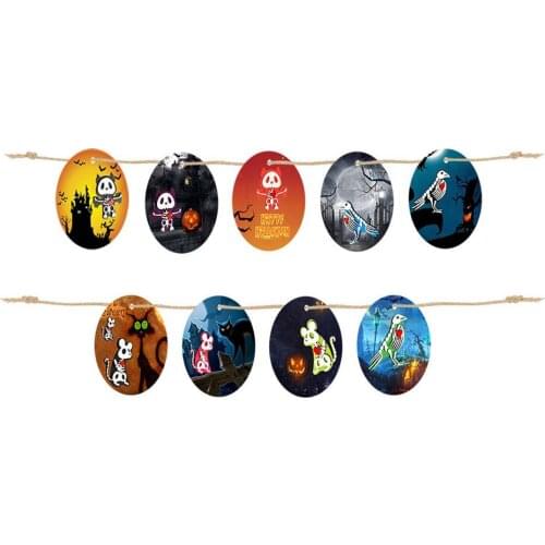 9PCS Halloween Wooden Ornaments Round Shape Wall Window Round Hanging Ornament Halloween Hanging Home Party Decor