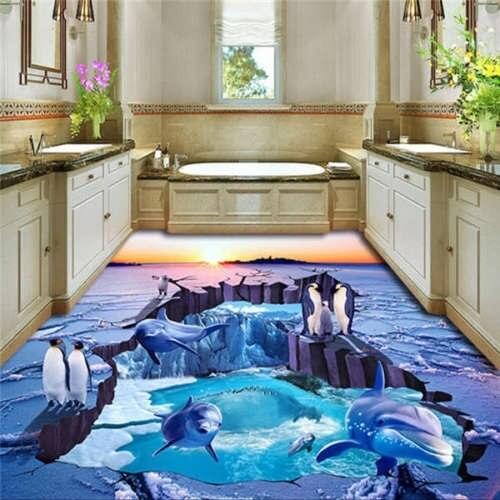 Free shipping 3D Custom Wall Sticker Dophins Penguins Playing Bathroom Flooring Painting Photo Wallpaper for Walls 3d