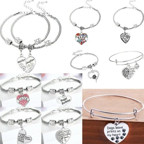 Family Best Friend Love Bracelet Heart Crystal Mother Daughter Nana Sister Dog Paw Bangle Teacher Christmas Charm Birthday Gift