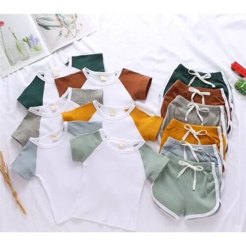 Kids Baby 2-piece Outfit Set Short Sleeve Color Block Shirt Ribbed Top+Shorts Set for Children Boys Girls 6M-4Y 2021 New Fashion