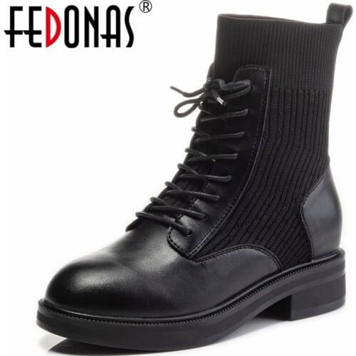 FEDONAS 2021 Autumn Winter Women Genuine Leather Ankle Boots Outdoor Casual Thick Heels Round Toe Lace-Up Shoes Woman Fashion