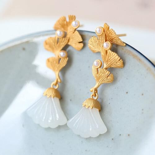 Natural Hetian Jade Small Shell Stud Earrings Inlaid S925 Sterling Silver Pearl Ginkgo Leaf Elegant High-End Female Stud Earrin