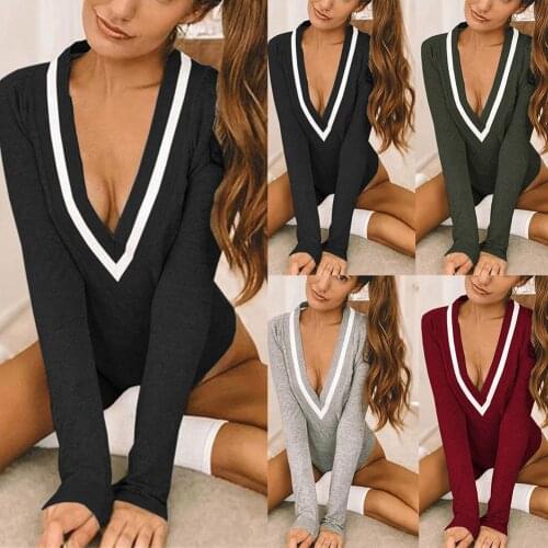 Women Deep V-neck Ribbed Jumpsuit Bodycon Long Sleeve Autumn Bodysuit -OPK