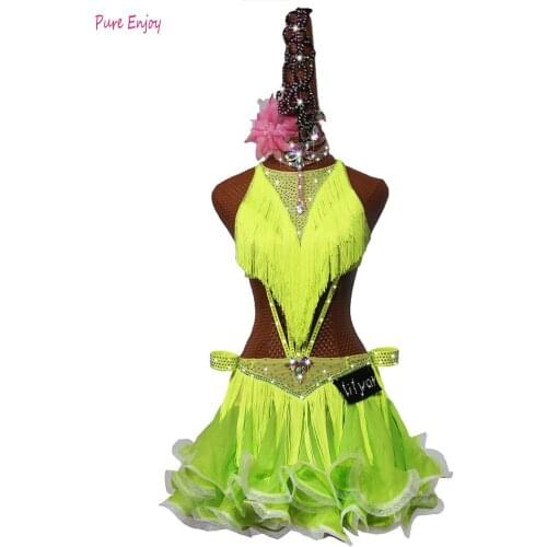 Latin Dance Dress Competition Tassel Dress Party Adult Children Dance Clothes Fluorescen Color Curled Dance Skirt Rumba Costume