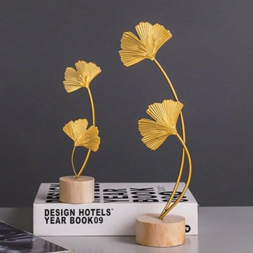 Nordic Creative Ginkgo Leaf Doll Ornaments Wrought Iron Wooden Base Imitation Plants Living Room Bedroom Home Furnishing Gifts