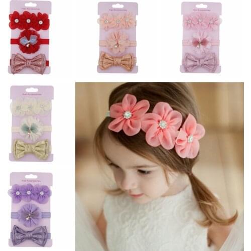Fashion 3pcs/lot Baby Girls Chiffon Flower Headbands Shiney Bowknot Headwear Newborn Infants Hair Accessories Set Photo Props