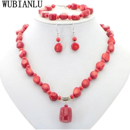 Natural Stone Red Coral Irregular Shape Isolation Round Beads Pendant Necklace Bracelet Earrings Jewelry Set Women Charms Gift