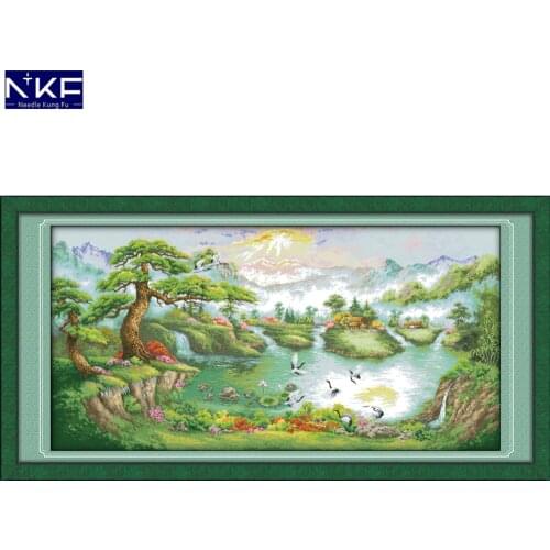 NKF Cranes Dance In The Pine Peak Cross Stitch Pattern DIY Kit Needlework Embroidery Sets Chinese Cross Stitch for Home Decor