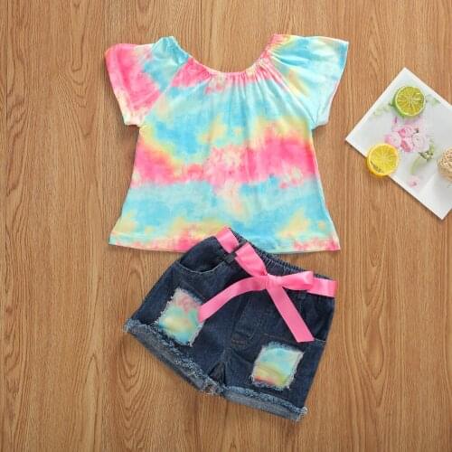 New 1-6Years Kids Baby Girl Outfits 2PCS Short Sleeve Colorful Printing T shirt & Jeans Shorts Set