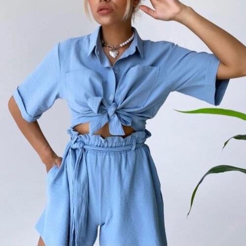 Solid Color Button Up Shirt Tie Bow Short Sleeve Crop Top Ruffles High Waisted Shorts 2 Piece Pants Set Casual Missnight