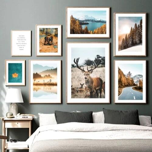 Autumn Deer Lake Plateau Maple Tree Quote Nordic Style Landscape Wall Art Canvas Painting Posters And Prints Living Room Decor