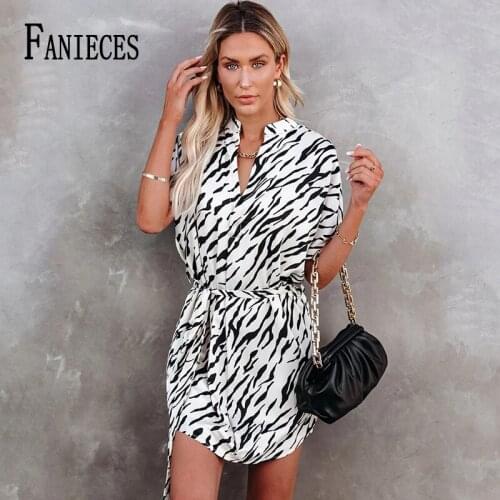Zebra Print Turn Down Collar Shirt Dress With Belt Loose Irregular Summer Dress 2021 Short Sleeve V Neck Casual Holiday Vestido