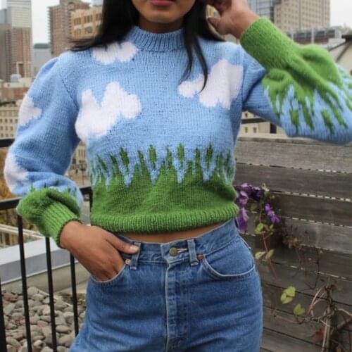 Casual Knitted Jacquard Short Pullover Woman Sweaters 2020 Autumn Winter Long Puff Sleeve O Neck Sweater Pull Femme Jumper Tops