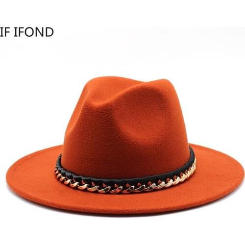 2021 New Wide Brim Fedora Hat with Metal Chain Decor Panama Wool Felt Hats Simple Church Derby Top Hat