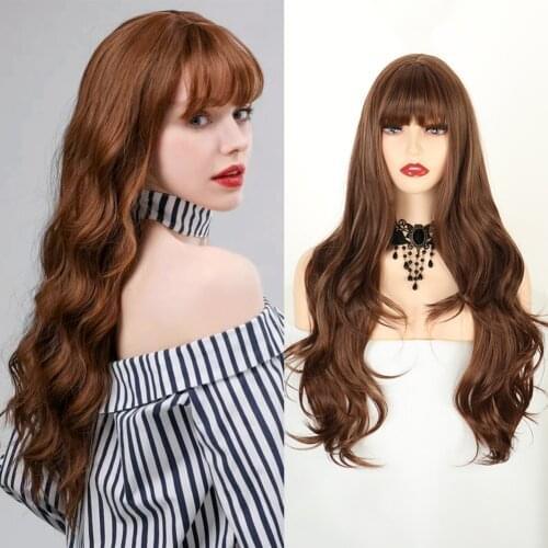 Synthetic Wig Long Loose Wavy Dark Brown Black Wigs with Bangs for Black White Woman Daily Party Club Use Wigs Heat Resistant