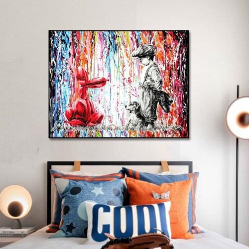 Modern Graffiti PaintingLittle Boy With A Dog Canvas Painting Poster Print Wall Art Picture For Living Room Home Decor Frameless