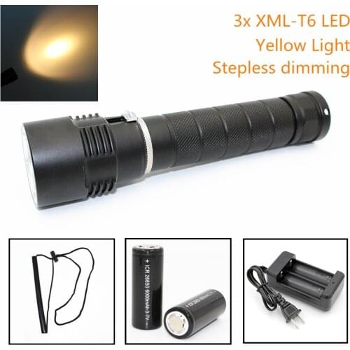 Uranusfire 26650 Yellow Light 3 x XML-T6 LED 3200LM Diving Flashlight Waterproof 100M Aluminum Torch with Charger EU Plug