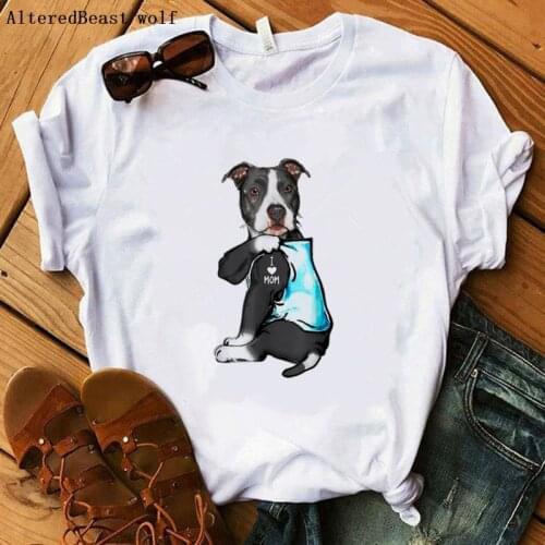 Funny Pit Bull Dog I Love Mom Funny T Shirt Women Casual White Tops Harajuku Dog T-Shirt Short Sleeve Graphic Tee Mom Clothes
