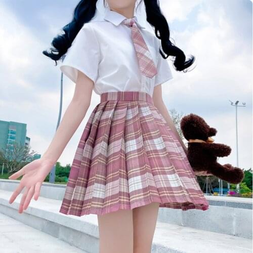 Zoki Pink JK Women Pleated Skirt Summer High Waist Fashion Tie Plaid Mini Skirt A Line Cute Sweet Japan Girls Dancing Faldas