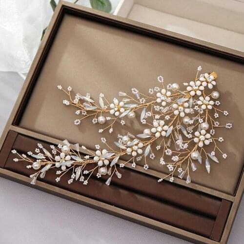 Women Wedding Hair Ornament Flower Handmade Hairbands and Clip Bridal Gold Color Hair Jewelry Accessories Head Decoration