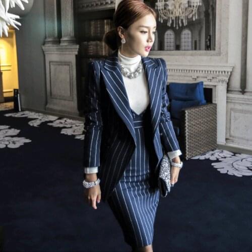 OL Work Striped Office Lady Dress Suits 2 Two Piece Sets Elegant Women Blazer Jacket + Fashion Sheath Dresses Femme