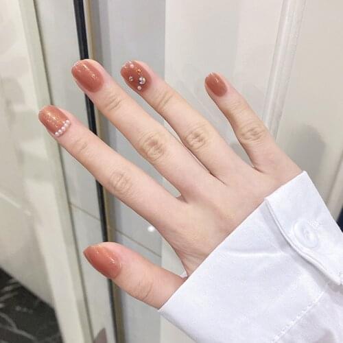 24pcs/box Fake Nails With Designs Pearl Diamond Inlaid Type Short Paragraph Removable Manicure False Nails With Glue Presss On D