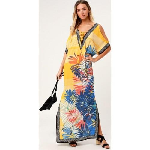2021 Quick-drying Bikini Cover-ups Yellow Bohemian Embroidered Long Dress Cotton Tunic Women Beach Wear Swim Suit Cover Up Q904