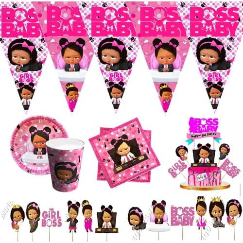 Black Girl baby boss Birthday theme favor party supplies Party Set Paper Cup Plate Gift Bag Napkin Flag Cake Topper Balloon