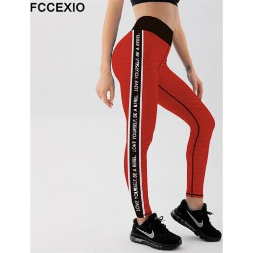 FCCEXIO New Tight Leggings Women Leggins Elastic Pant Women Fitness Leggings Letters Print Slim Push Up Running Sports Trouser