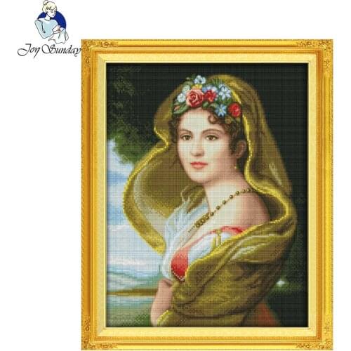 Joy Sunday Oil Painting Girl Stamped Counted Cross Stitch Ornament Pattern Cross Sets for Embroidery Needlework Set Home Decor