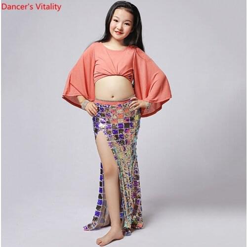 Belly Dance Suit Loose Long Sleeves Top Sequins Long SKirt Exercise Clothes Modern Dancing Set Child Performance Clothing