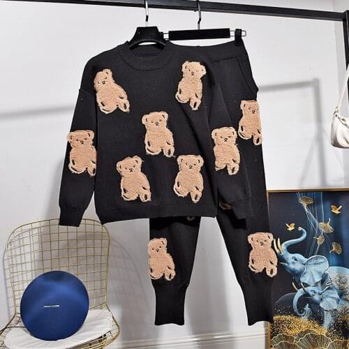 Fashion Red Black Knitted Tracksuit Women Two Piece Outfits Cartoon Patch design Sweater Pants Set Loose Casual Knit Suit Female