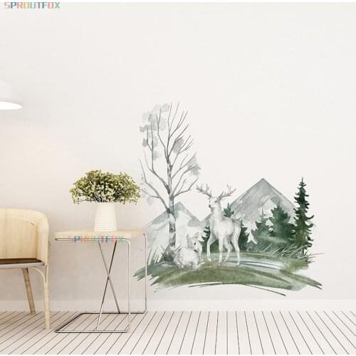 Nordic White Deer Wall Stickers For Living Room Kids Rooms Wall Decoration Mountain Tree Cartoon Animals Home Decals