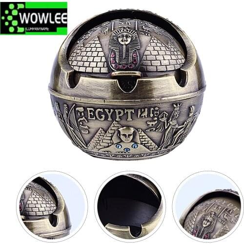 1Pc Ashtray with Lid Windproof Creative Metal Egypt Style Desktop Decor Cigarette Butt Container for Home Cafe Office