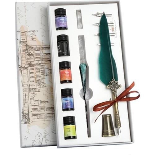 1 Set Vintage Calligraphy Feather Dip Pen Fountain Writing Nib Stationery Crystal Glass Pen Colorful Ink with Replaceable Nib