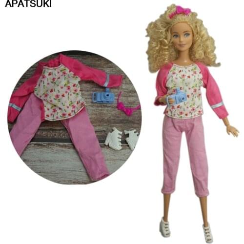 Picnic Pink Floral Outfits For Barbie Doll Clothes Set For Barbie Shirt Pants Camera Shoes Headband Toys 1/6 Dolls Accessories