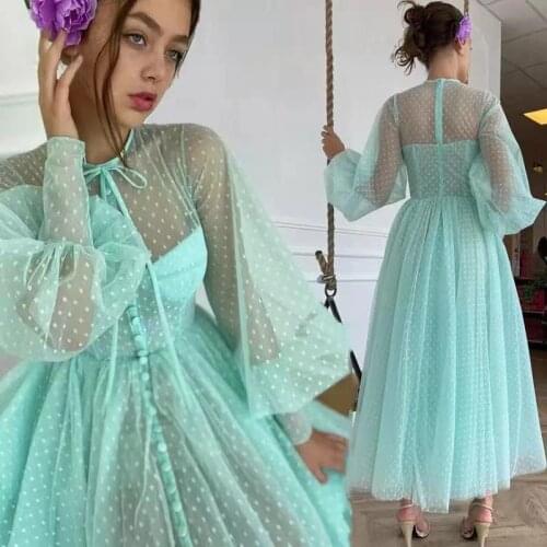 Prom Dresses Turquoise Green Dotted Tulle Tea Length Buttons Puffy Long Sleeves Homecoming Party Dress A-Line Vestidos De Fiesta