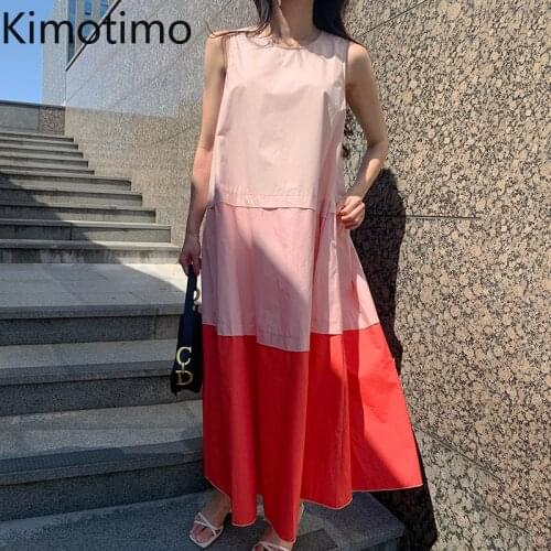 Kimotimo Woman Dress Elegant 2021 Summer Korea Chic New Loose Round Neck Stitching Back Hollow Casual Sleeveless Vestidos