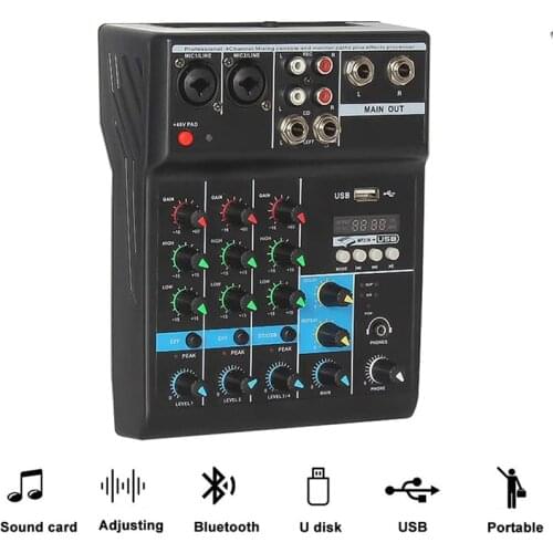 Professional 4 Channel Bluetooth Audio Mixer Sound Mixing Console Audio Interface USB Sound Card for Computer Home Karaoke