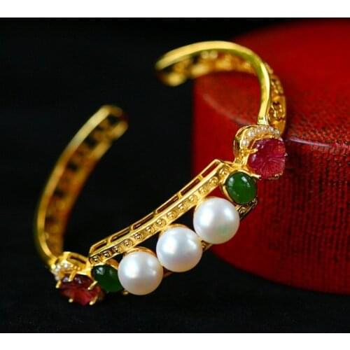 S925 silver woman bracelet gold-plated with tourmaline jasper pearl literary temperament creative silver bracelet for woman