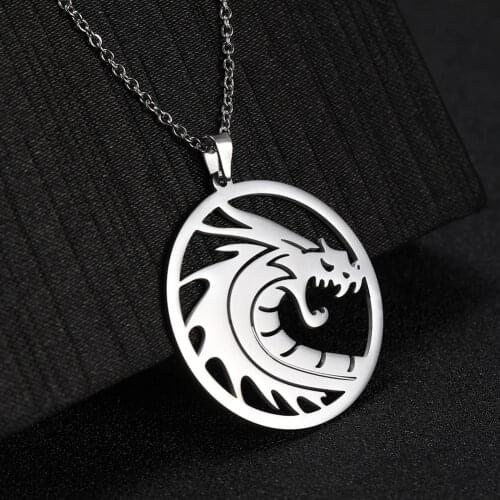 Skyrim Chinese Dragon Round Pendant Necklace 316L Stainless Steel Golden Statement Initial Chain Necklaces Jewelry for Men Women
