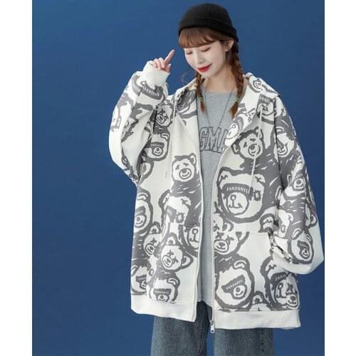 Cartoon Bear Printed Casual Loose Jacket Woman Long Sleeve Coats 2021 Female Vintage Outerwear Tops Oversized Jackets Streetwear