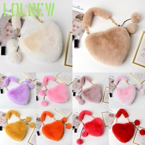 Women Winter Faux Fur Handbag Lady Heart Shape Hand Bag Female Fashion Phone Purse Teenage Girl Gift Kawaii Party Tote Bags Sac