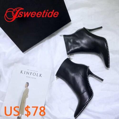 Women Heeled Ankle Boots Luxury Leather Boots Zipper Fashion Chain Shoes Heel Brand Leather Shoes Western Motorcycle Boots