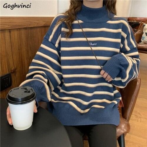 Women Pullovers Winter Warm Mock Neck Stripped Long Sleeve Loose Knitted Students Couples Thicker Sweater Leisure Casual Jumpers