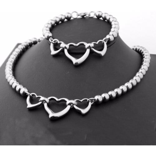6/8mm Top Stainless Steel Silver Color Beads Chain Womens Heart Pendant Link Jewelry Sets Necklace&Bracelet Jewelry