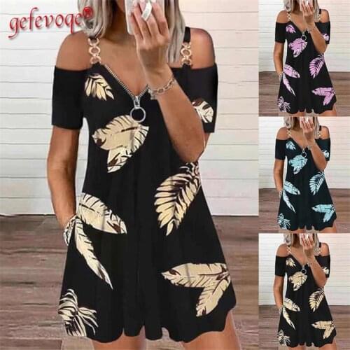 2021 Summer Womens Printed Short Sleeve Sling Off Shoulder Dress Ladies Sexy Loose V-neck Rabe Zipper Floral Midi Dress Femme