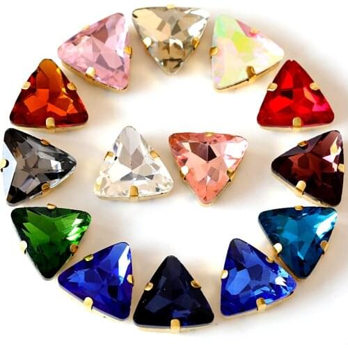 20pcs 18mm Tri-angle Colorful Crystal AB Glass Sew On Rhinestones With Gold Claw Red Sew On Claw Rhinestones For Garment B1018